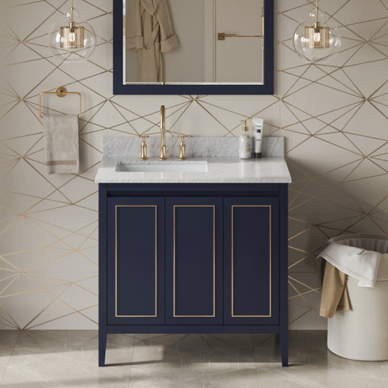 Jeffrey Alexander 36" Hale Blue Percival left offset with White Carrara Marble Vanity Top