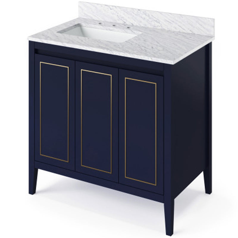 Jeffrey Alexander 36" Hale Blue Percival left offset with White Carrara Marble Vanity Top