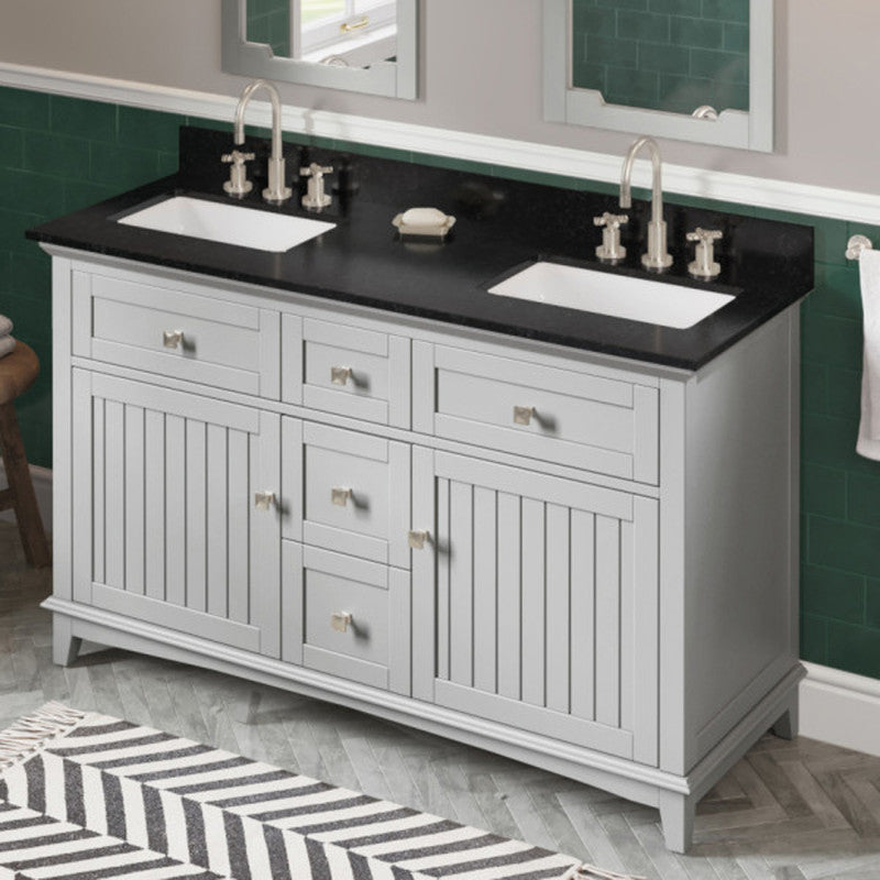 Jeffrey Alexander 60" Gray Savino Vanity Double Bowl Black Granite Vanity Top Two Undermount Rectangle Bowls VKITSAV60GRBGR