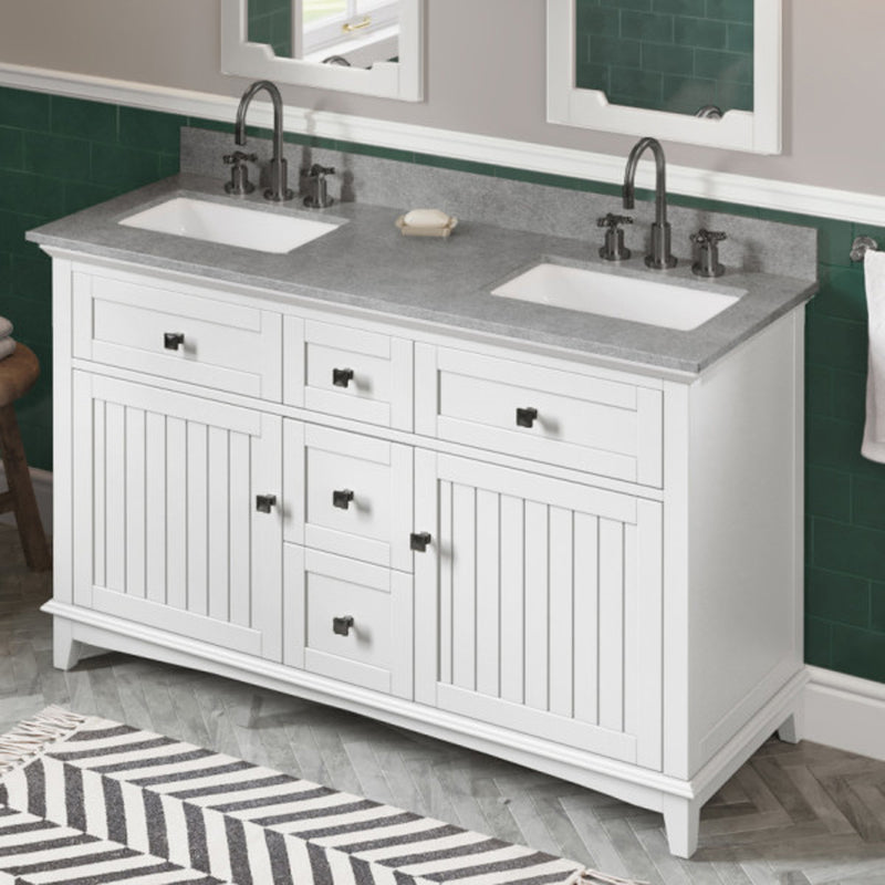 Jeffrey Alexander 60" White Savino Vanity Double Bowl Steel Gray Cultured Marble Vanity Top Two Undermount Rectangle Bowls VKITSAV60WHSGR