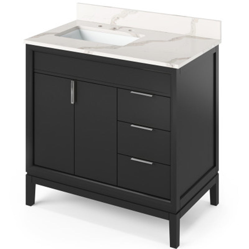 Jeffrey Alexander 36" Black Theodora left offset with Calacatta Vienna Quartz Vanity Top Rectangle Bowl