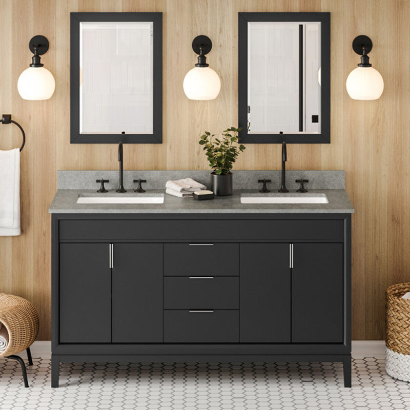 Jeffrey Alexander 60" Black Theodora Double bowl with Steel Grey Cultured Marble Vanity Top