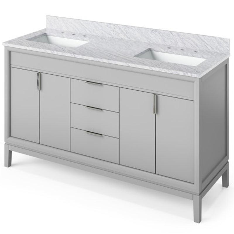 Jeffrey Alexander 60" Grey Theodora Double bowl with White Carrara Marble Vanity Top