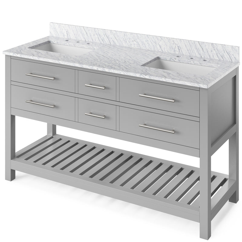 Jeffrey Alexander 60" Gray Wavecrest Vanity Double Bowl White Carrara Marble Vanity Top Two Undermount Rectangle Bowls VKITWAV60GRWCR