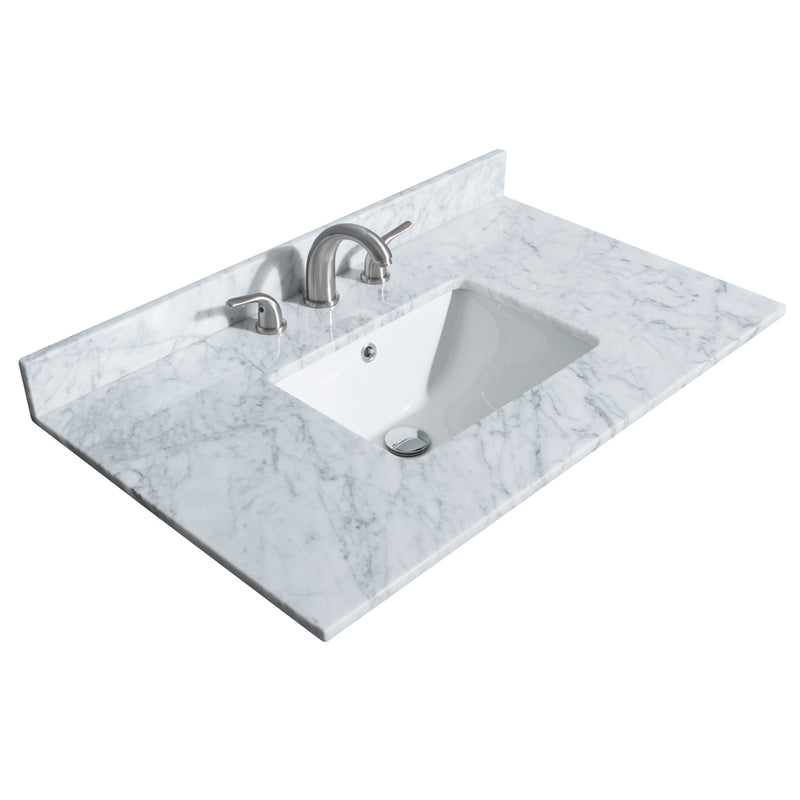 Wyndham Miranda 36" Single Bathroom Vanity In Green White Carrara Marble Countertop Undermount Square Sink Matte Black Trim 34" Mirror WCF292936SGKCMUNSM34