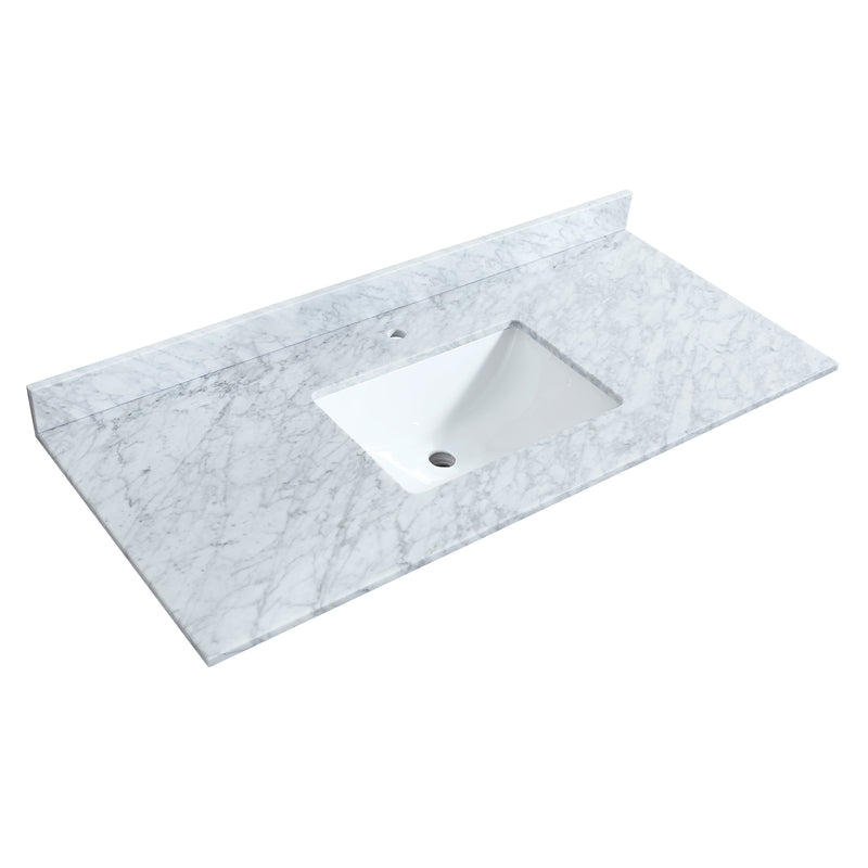 Wyndham Miranda 48" Single Bathroom Vanity In Dark Blue White Carrara Marble Countertop Undermount Square Sink Black Trims and 46" Mirror WCF292948SBBCMUNSM46