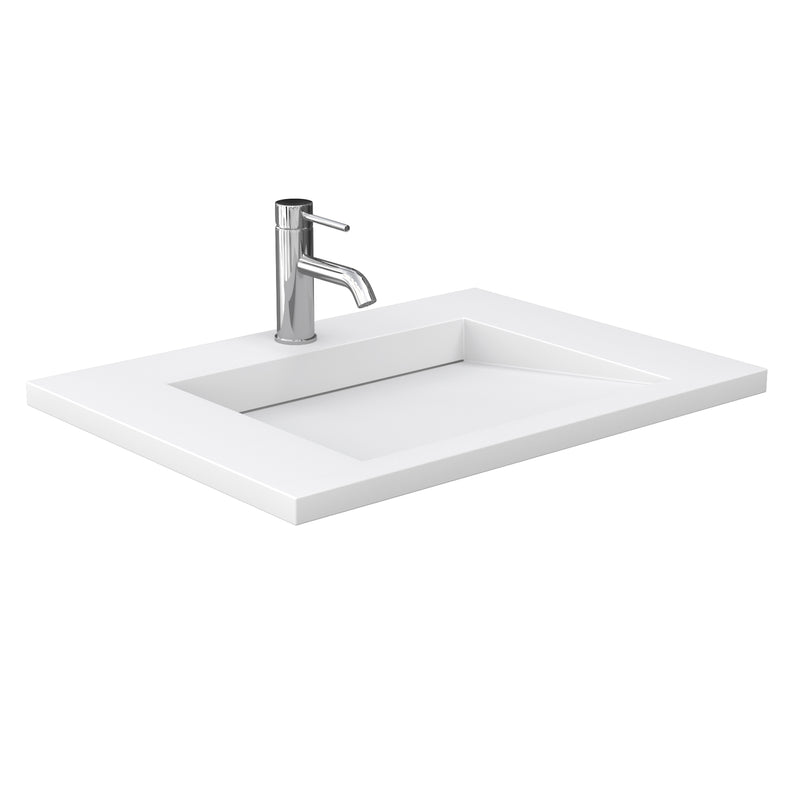 Wyndham Miranda 30" Single Bathroom Vanity In White 1.25" Thick Matte White Solid Surface Countertop Integrated Sink Brushed Nickel Trim 24" Mirror WCF292930SWHK1INTM24