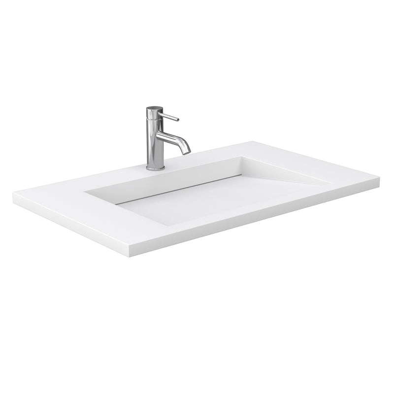 Wyndham Miranda 36" Single Bathroom Vanity In White Matte White Solid Surface In 1.25" Thickness Integrated Sink Black Trims and 34" Mirror WCF292936SWBK1INTM34