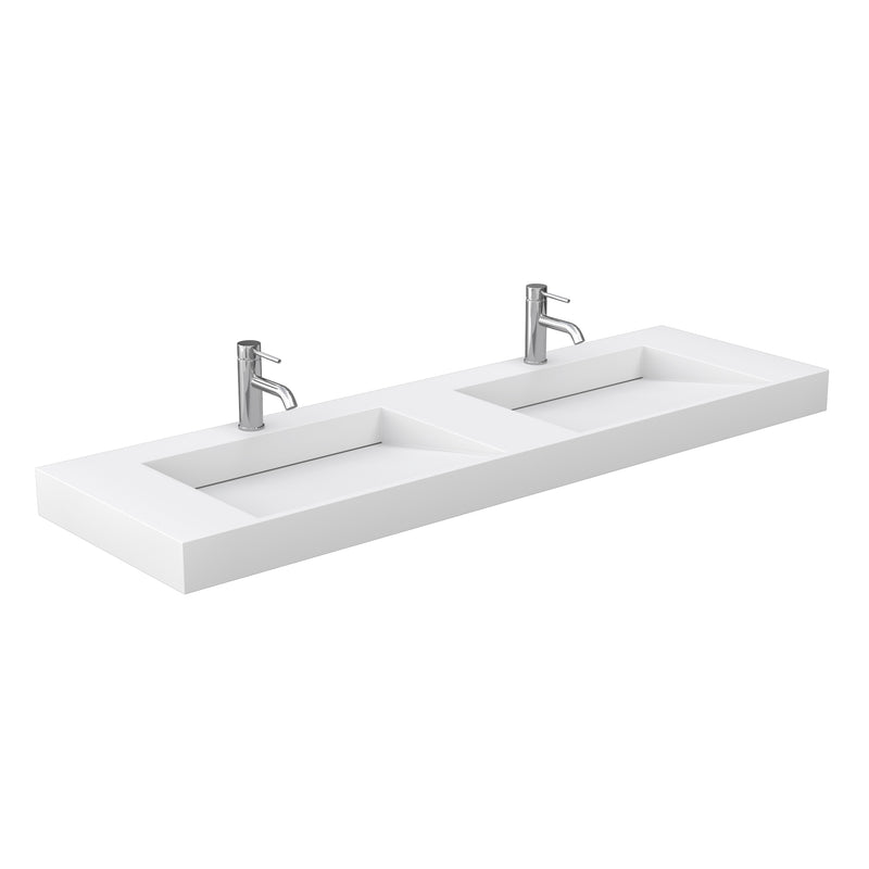 Wyndham Miranda 72" Double Bathroom Vanity In White Matte White Solid Surface In 4" Thickness Integrated Sinks Brushed Gold Trims and 70" Mirror WCF292972DWGK4INTM70