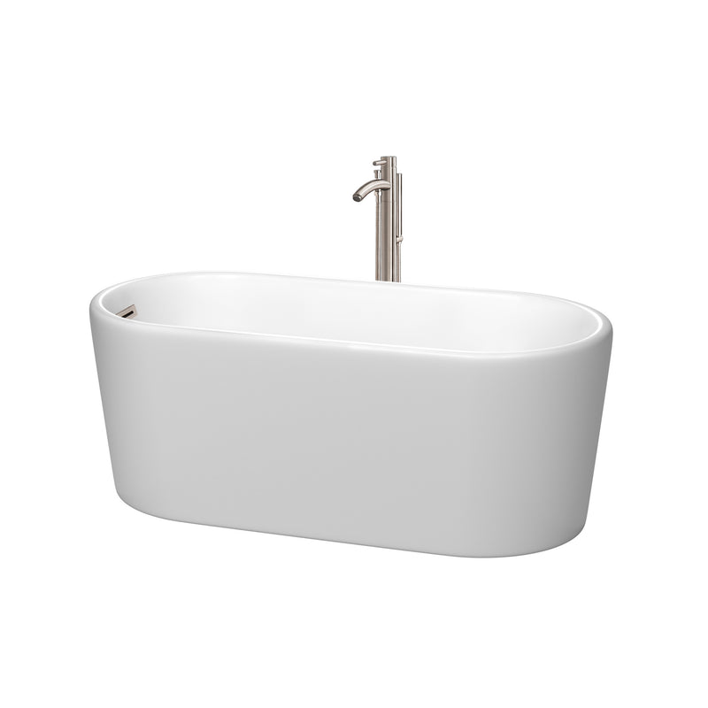 Wyndham Ursula 59" Soaking Bathtub In Matte White With Floor Mounted Faucet Drain And Overflow Trim In Brushed Nickel WCBTE301159MWATP11BN