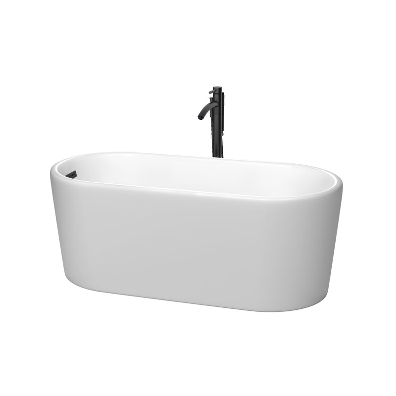 Wyndham Ursula 59" Soaking Bathtub In Matte White With Floor Mounted Faucet Drain And Overflow Trim In Matte Black WCBTE301159MWMBATPBK