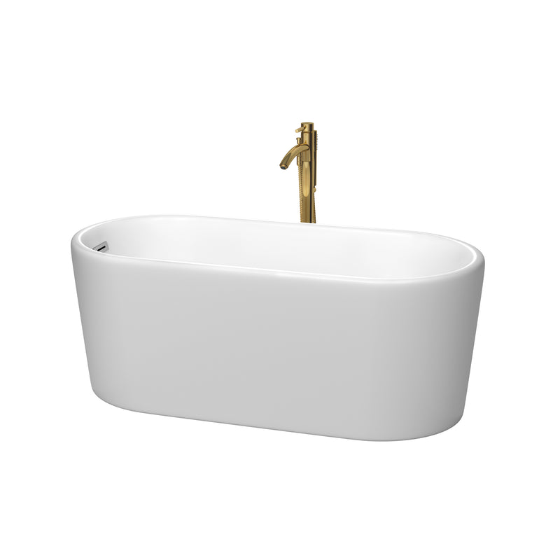 Wyndham Ursula 59" Soaking Bathtub In Matte White With Polished Chrome Trim And Floor Mounted Faucet In Brushed Gold WCBTE301159MWPCATPGD