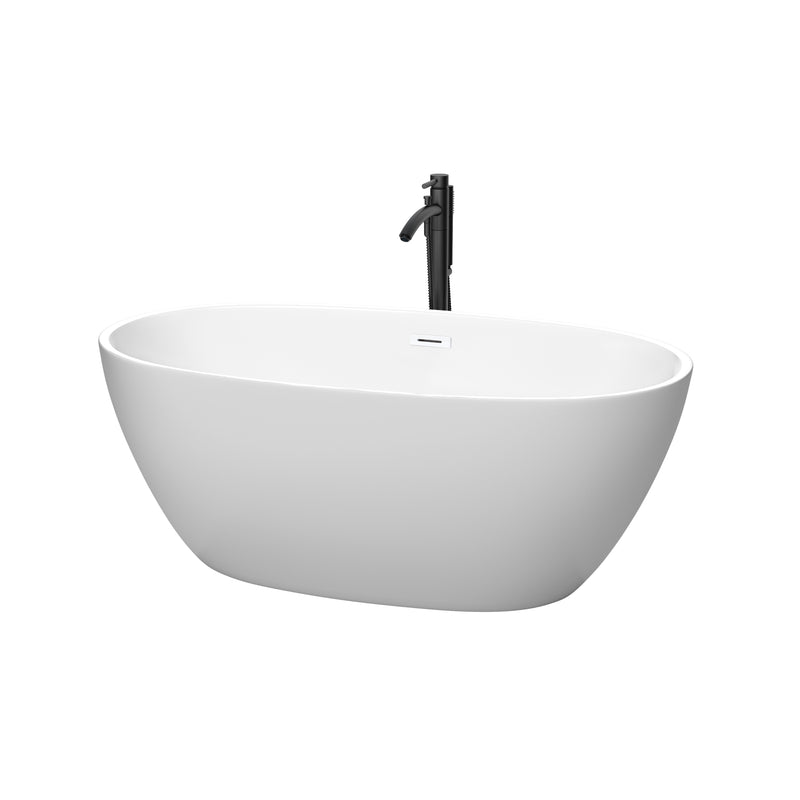 Wyndham Juno 59" Soaking Bathtub In Matte White With Shiny White Trim And Floor Mounted Faucet In Matte Black WCBTE306159MWSWATPBK