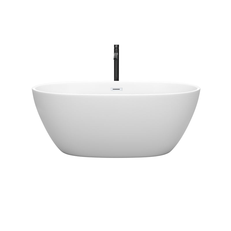 Wyndham Juno 59" Soaking Bathtub in Matte White with Shiny White Trim and Floor Mounted Faucet in Matte Black WCBTE306159MWSWATPBK