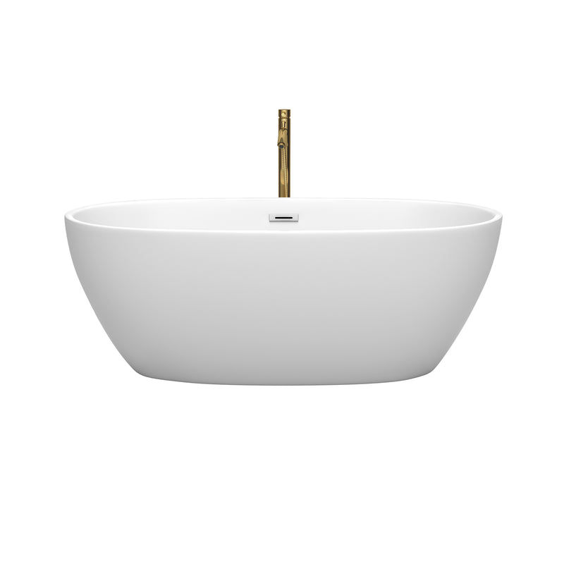 Wyndham Juno 63" Soaking Bathtub in Matte White with Polished Chrome Trim and Floor Mounted Faucet in Brushed Gold WCBTE306163MWPCATPGD