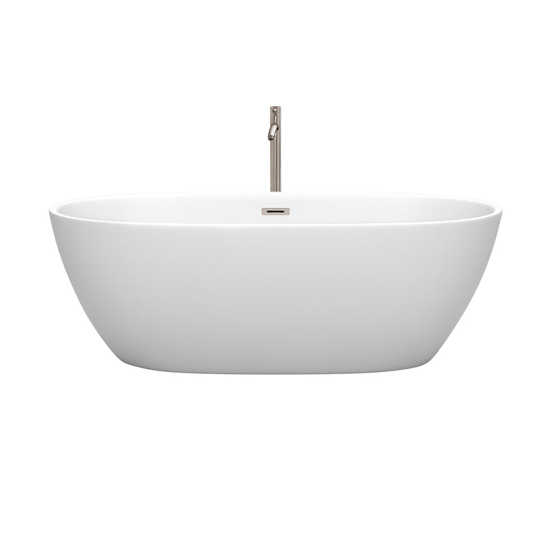 Wyndham Juno 67" Soaking Bathtub in Matte White with Floor Mounted Faucet Drain and Overflow Trim in Brushed Nickel WCBTE306167MWATP11BN