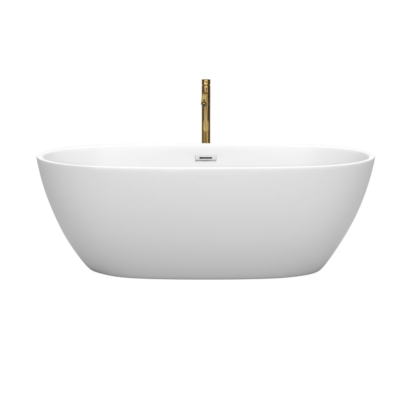 Wyndham Juno 67" Soaking Bathtub in Matte White with Polished Chrome Trim and Floor Mounted Faucet in Brushed Gold WCBTE306167MWPCATPGD