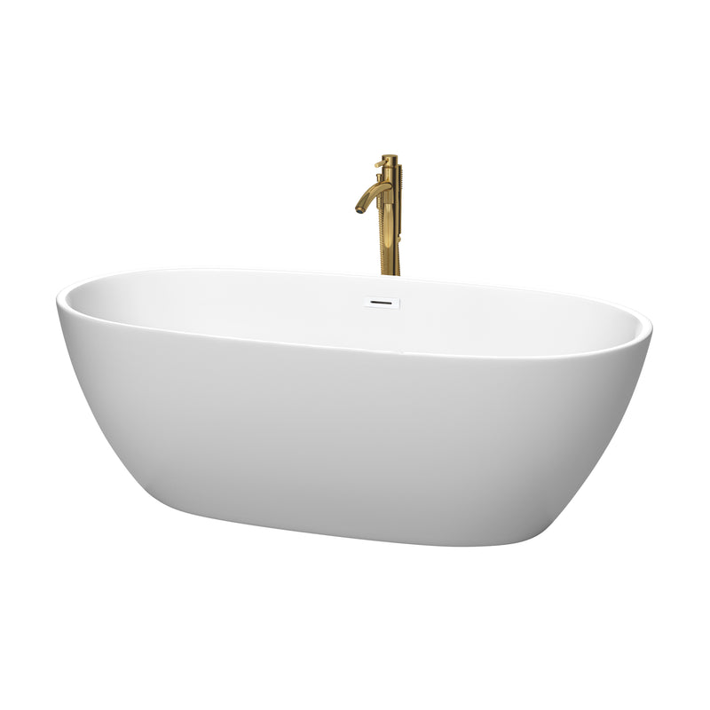 Wyndham Juno 67" Soaking Bathtub In Matte White With Shiny White Trim And Floor Mounted Faucet In Brushed Gold WCBTE306167MWSWATPGD