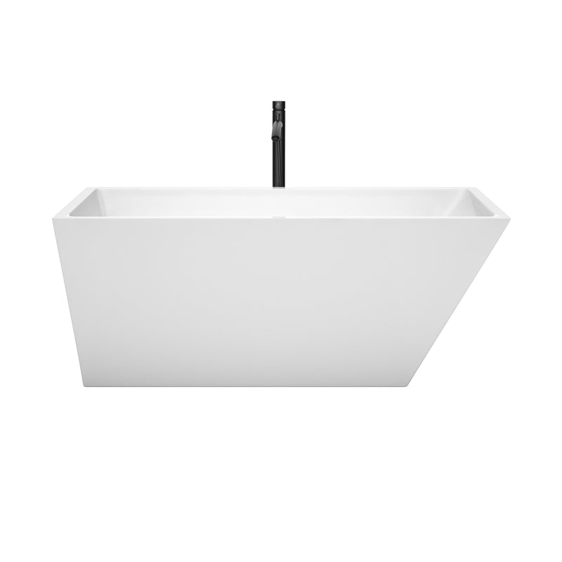 Wyndham Hannah 59" Soaking Bathtub in White with Floor Mounted Faucet Drain and Overflow Trim in Matte Black WCBTK150159MBATPBK