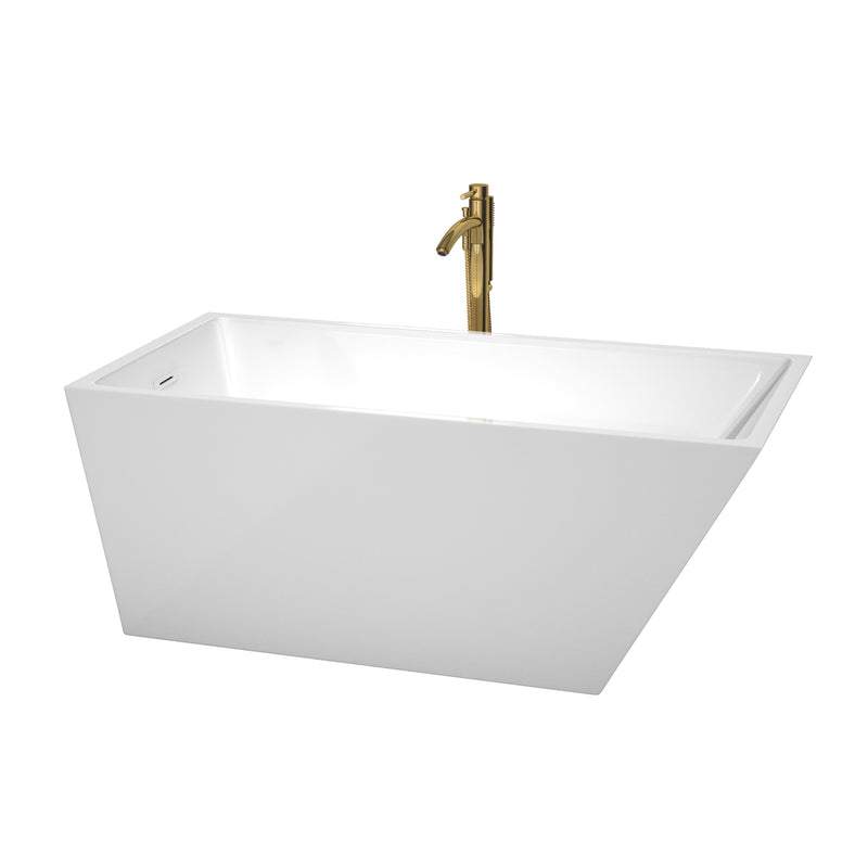 Wyndham Hannah 59" Soaking Bathtub In White With Shiny White Trim And Floor Mounted Faucet In Brushed Gold WCBTK150159SWATPGD