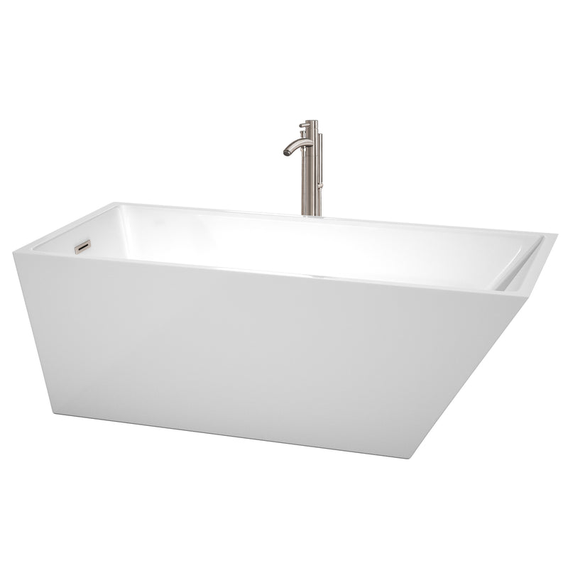 Wyndham Hannah 67" Soaking Bathtub In White Brushed Nickel Trim And Brushed Nickel Floor Mounted Faucet WCBTK150167ATP11BN