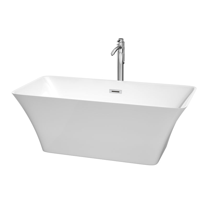 Wyndham Tiffany 59" Freestanding Bathtub In White With Floor Mounted Faucet Drain And Overflow Trim In Polished Chrome WCBTK150459ATP11PC