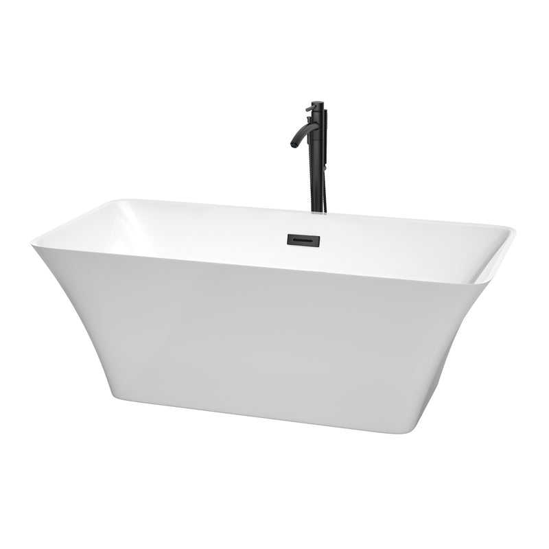 Wyndham Tiffany 59" Small Soaking Bathtub In White With Floor Mounted Faucet Drain And Overflow Trim In Matte Black WCBTK150459MBATPBK