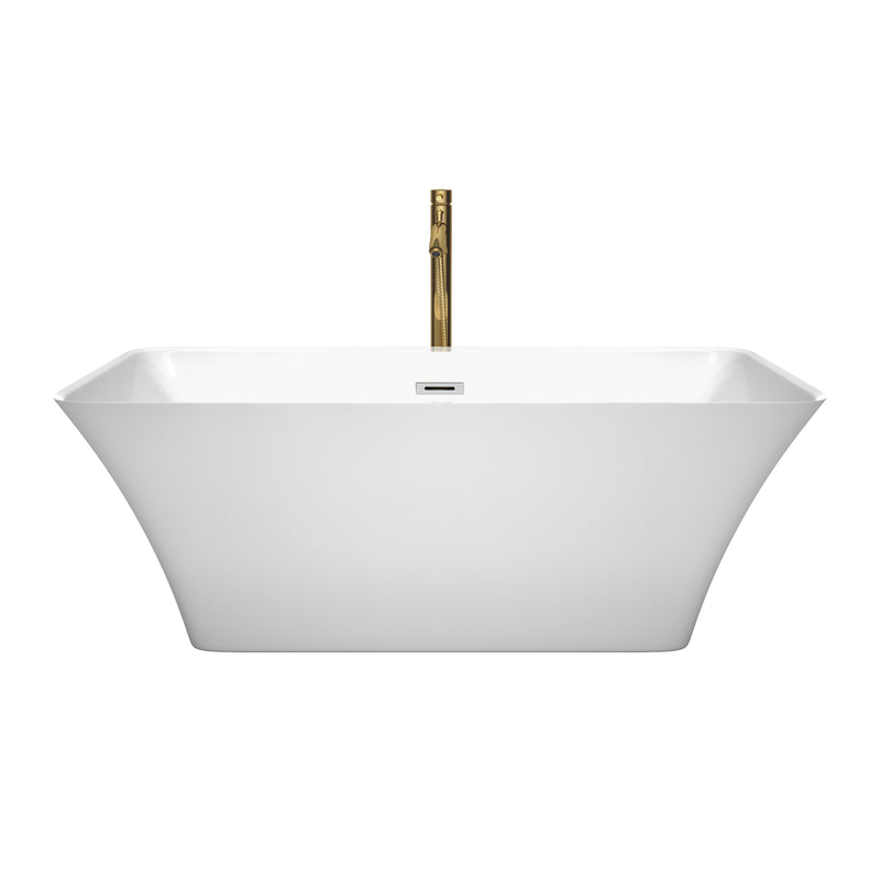 Wyndham Tiffany 59" Small Soaking Bathtub in White with Polished Chrome Trim and Floor Mounted Faucet in Brushed Gold WCBTK150459PCATPGD