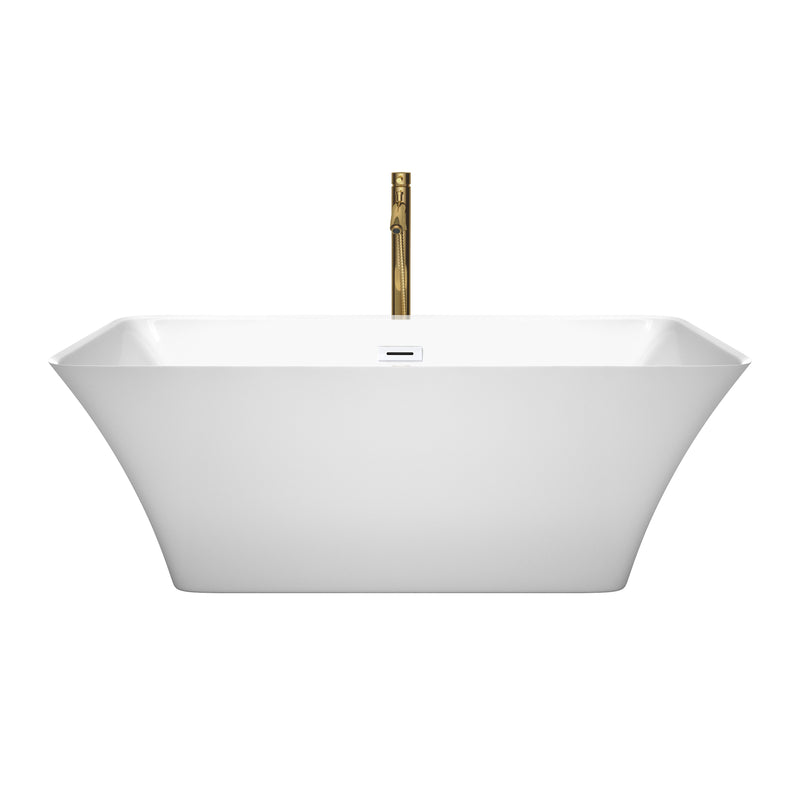 Wyndham Tiffany 59" Small Soaking Bathtub in White with Shiny White Trim and Floor Mounted Faucet in Brushed Gold WCBTK150459SWATPGD