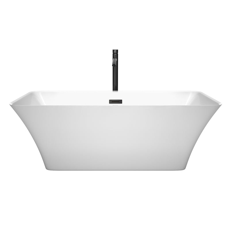 Wyndham Tiffany 67" Large Soaking Bathtub in White with Floor Mounted Faucet Drain and Overflow Trim in Matte Black WCBTK150467MBATPBK