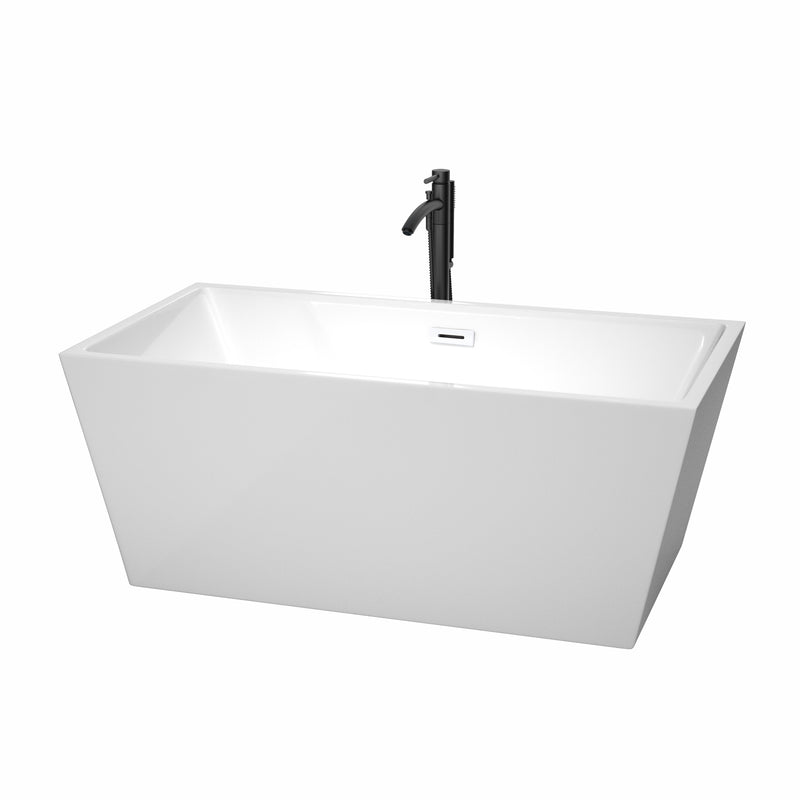 Wyndham Sara 59" Soaking Bathtub In White With Shiny White Trim And Floor Mounted Faucet In Matte Black WCBTK151459SWATPBK