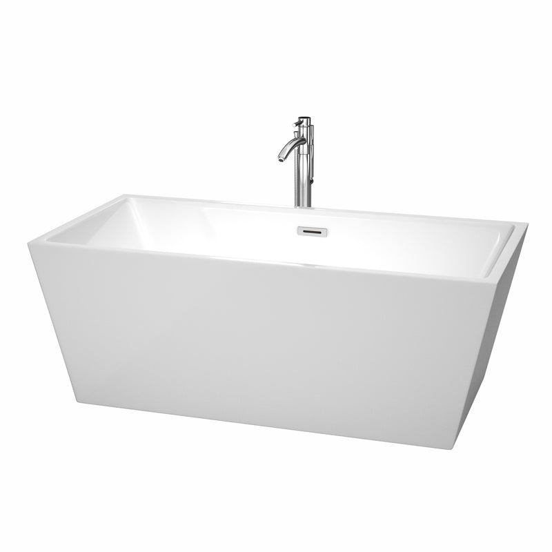 Wyndham Sara 63" Freestanding Bathtub In White With Floor Mounted Faucet Drain And Overflow Trim In Polished Chrome WCBTK151463ATP11PC