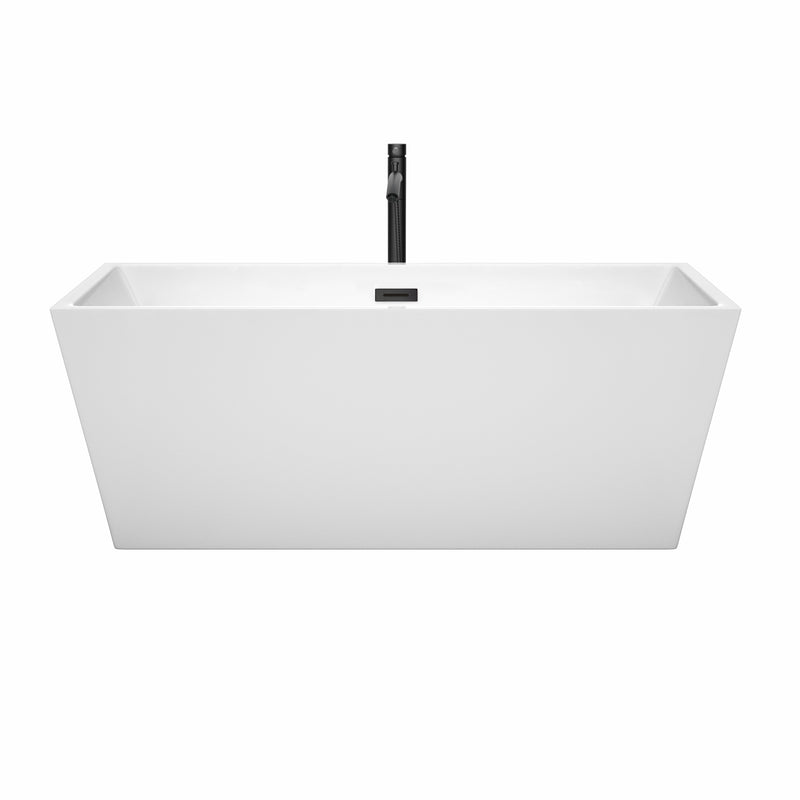 Wyndham Sara 63" Soaking Bathtub in White with Floor Mounted Faucet Drain and Overflow Trim in Matte Black WCBTK151463MBATPBK