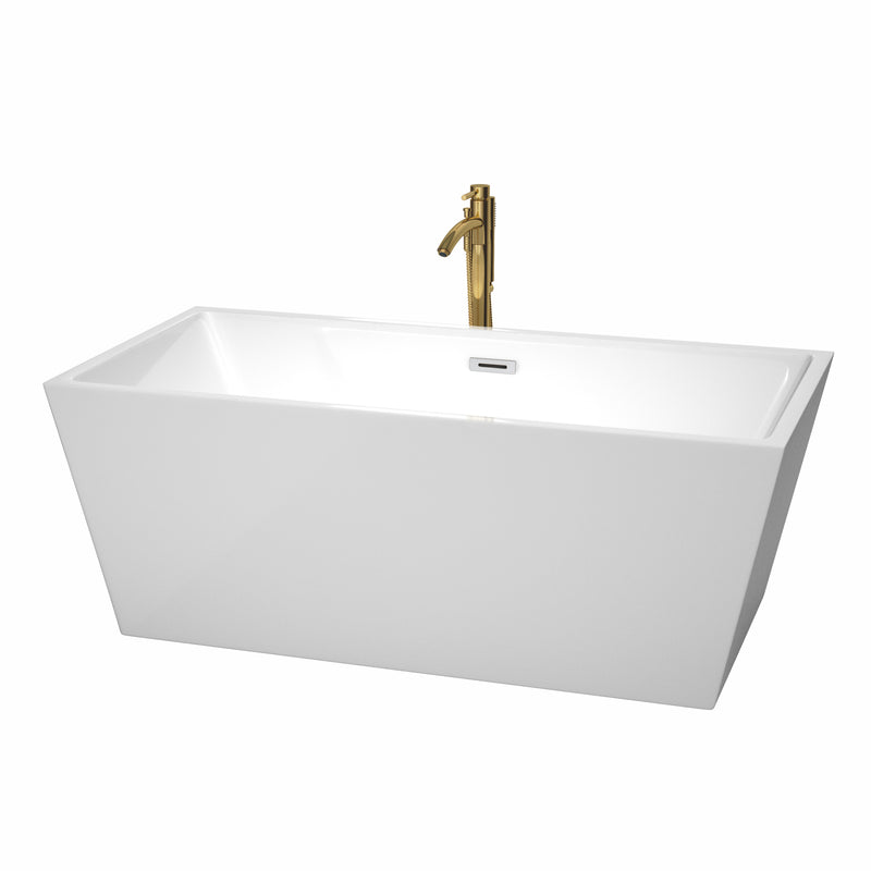 Wyndham Sara 63" Soaking Bathtub In White With Polished Chrome Trim And Floor Mounted Faucet In Brushed Gold WCBTK151463PCATPGD