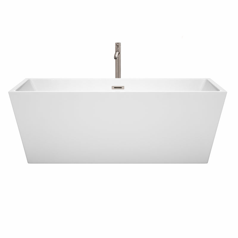 Wyndham Sara 67" Soaking Bathtub in White Brushed Nickel Trim and Brushed Nickel Floor Mounted Faucet WCBTK151467ATP11BN