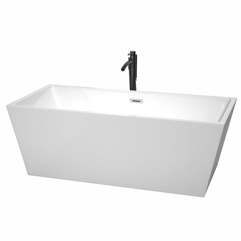 Wyndham Sara 67" Soaking Bathtub In White With Polished Chrome Trim And Floor Mounted Faucet In Matte Black WCBTK151467PCATPBK