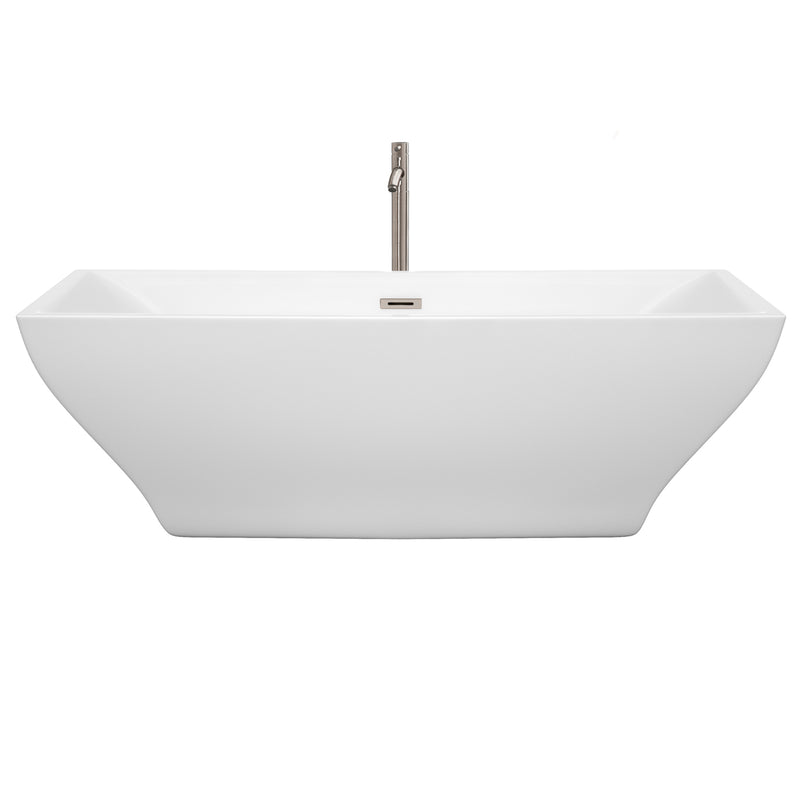 Wyndham Maryam 71" Soaking Bathtub in White Brushed Nickel Trim and Brushed Nickel Floor Mounted Faucet WCBTK151871ATP11BN