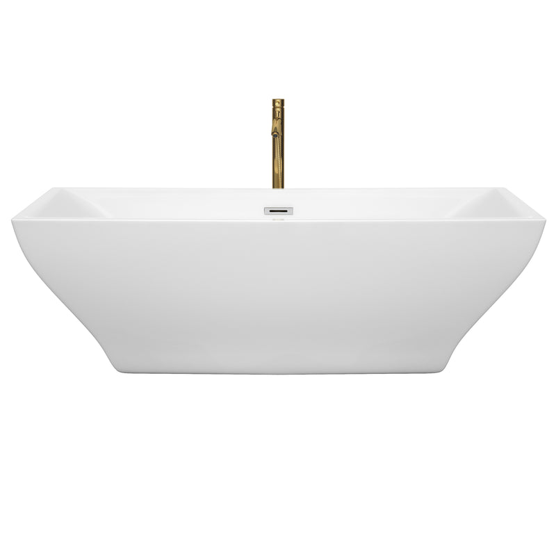 Wyndham Maryam 71" Soaking Bathtub in White with Polished Chrome Trim and Floor Mounted Faucet in Brushed Gold WCBTK151871PCATPGD