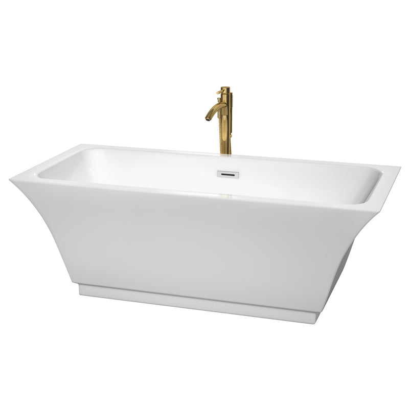 Wyndham Galina 67" Soaking Bathtub In White With Polished Chrome Trim And Floor Mounted Faucet In Brushed Gold WCBTK151967PCATPGD