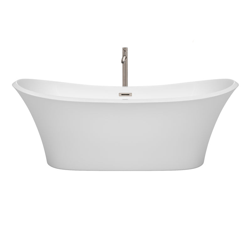 Wyndham Bolera 71" Soaking Bathtub in White Brushed Nickel Trim and Brushed Nickel Floor Mounted Faucet WCBTK152871ATP11BN