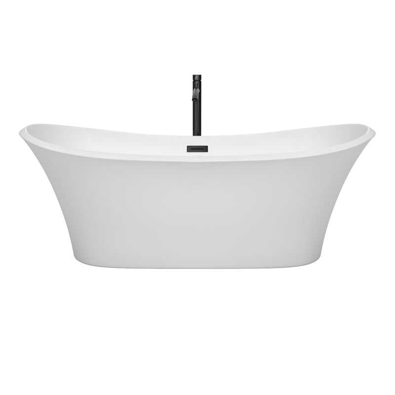 Wyndham Bolera 71" Soaking Bathtub in White with Floor Mounted Faucet Drain and Overflow Trim in Matte Black WCBTK152871MBATPBK