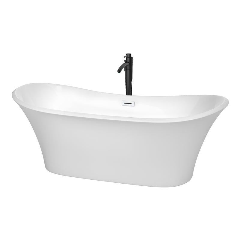 Wyndham Bolera 71" Soaking Bathtub In White With Shiny White Trim And Floor Mounted Faucet In Matte Black WCBTK152871SWATPBK
