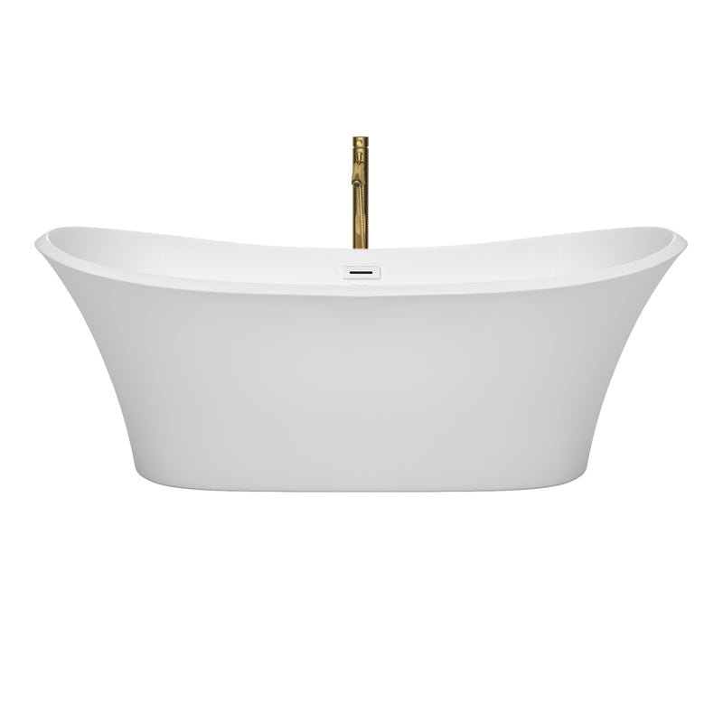 Wyndham Bolera 71" Soaking Bathtub in White with Shiny White Trim and Floor Mounted Faucet in Brushed Gold WCBTK152871SWATPGD