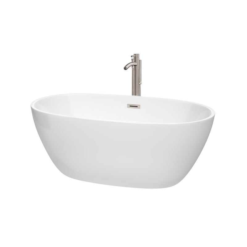 Wyndham Juno 59" Soaking Bathtub In White Brushed Nickel Trim And Brushed Nickel Floor Mounted Faucet WCBTK156159ATP11BN