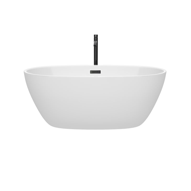 Wyndham Juno 59" Soaking Bathtub in White with Floor Mounted Faucet Drain and Overflow Trim in Matte Black WCBTK156159MBATPBK