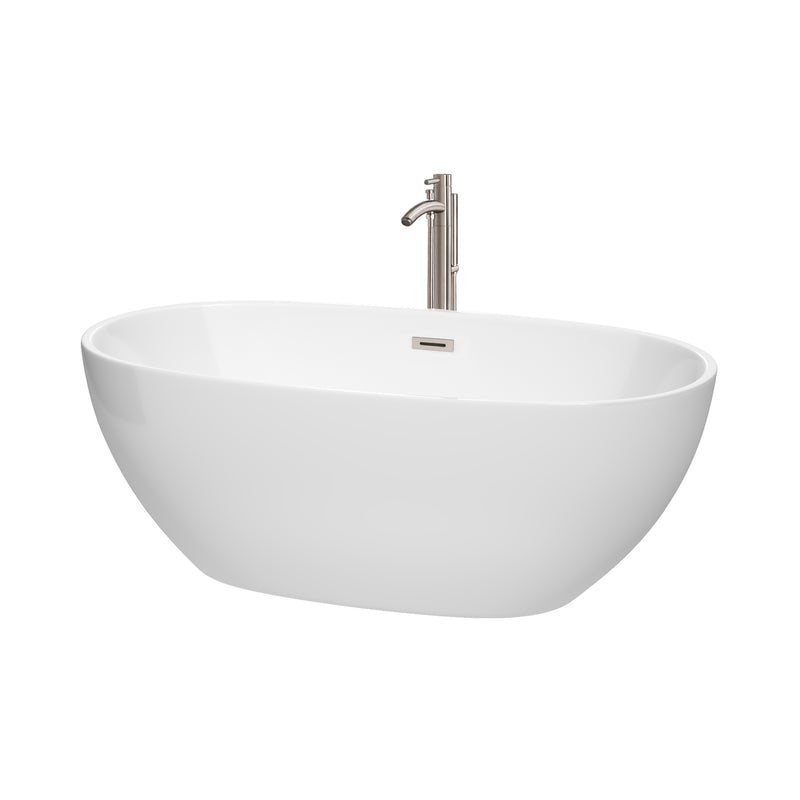 Wyndham Juno 63" Soaking Bathtub In White Brushed Nickel Trim And Brushed Nickel Floor Mounted Faucet WCBTK156163ATP11BN