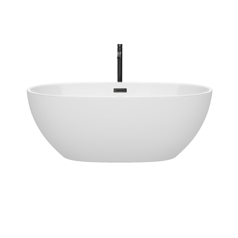 Wyndham Juno 63" Soaking Bathtub in White with Floor Mounted Faucet Drain and Overflow Trim in Matte Black WCBTK156163MBATPBK