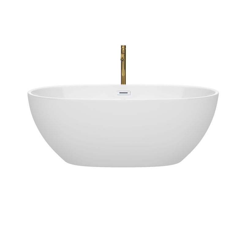 Wyndham Juno 63" Soaking Bathtub in White with Shiny White Trim and Floor Mounted Faucet in Brushed Gold WCBTK156163SWATPGD