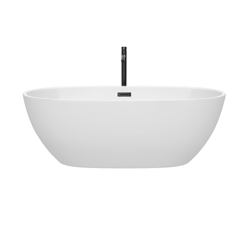 Wyndham Juno 67" Soaking Bathtub in White with Floor Mounted Faucet Drain and Overflow Trim in Matte Black WCBTK156167MBATPBK