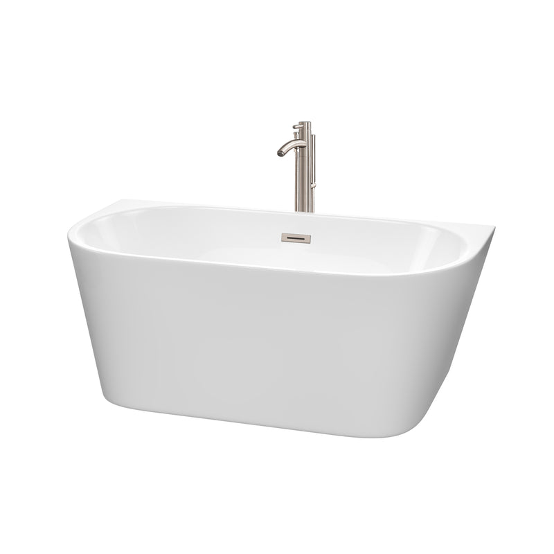 Wyndham Callie Soaking Bathtub In White With Floor Mounted Faucet Drain And Overflow Trim In Brushed Nickel WCBTM153459ATP11BN